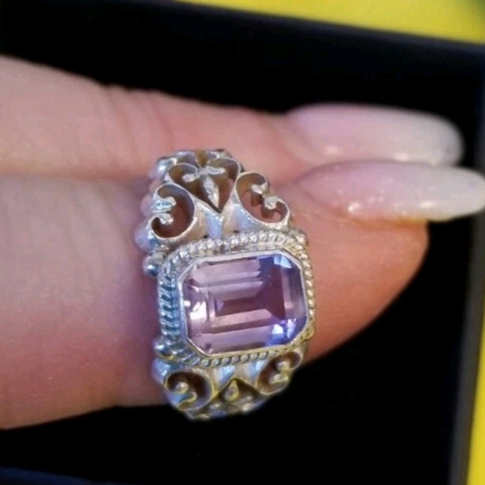 NATURAL AMYTHYST STERLING 925 RING SCROLL OPEN METAL DESIGN Size 5.75.